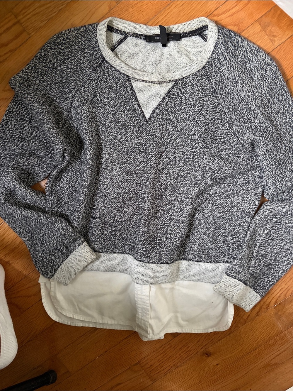 BCBGMaxAzria Two-Tone Gray Crewneck Sweater with White Shirt Hem